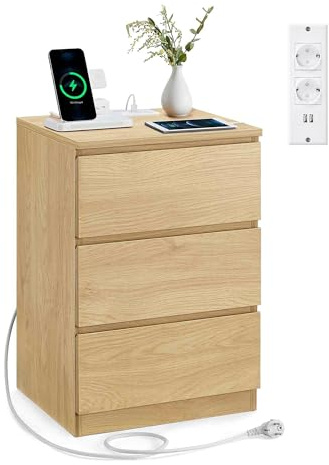 VASAGLE KAILYN Collezione - Comodino con Stazione di Ricarica, con 3 Cassetti, 2 Prese AC 2 Porte USB, per Soggiorno, Camera da Letto, Studio, Giallo Paglierino LET631Y70