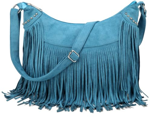 Dora & Liz Women Fashion Fringe Crossbody Bags Vegan Suede Hippie Tassel Hobo Shoulder Purse Bohemian Handbags, Blue, 14.2 L x 3.9 W x 10.3 H