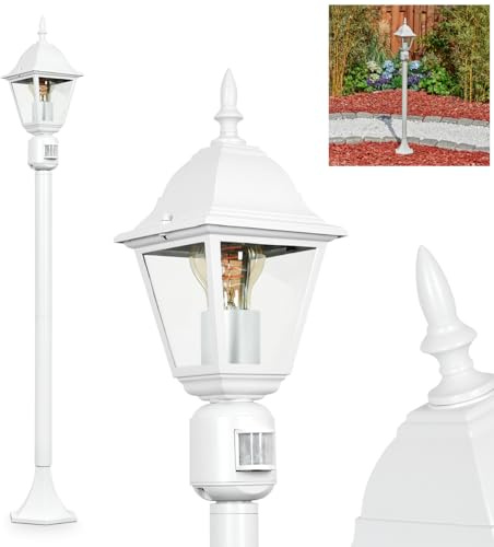 HOFSTEIN Außenstehleuchte Naofe, Außenwegeleuchte mit Bewegungsmelder aus Metall/Glas in Weiß/Klar, Wegeleuchte im Landhaus/Antik/Vintage-Design für Garten, Außenbereich, Hof, 116 cm, E27, IP44