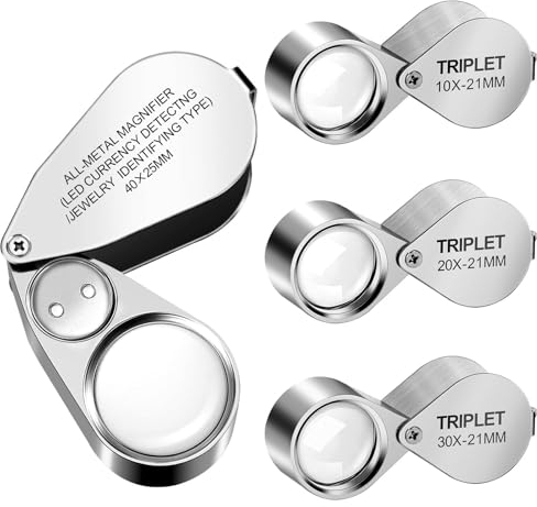 EEEKit Lupe Vergrößerungsglas, 4PCS 10X 20X 30X 40X Uhrmacherlupe Faltbares Vergrößerungsglas mit Licht, Metall Taschenlupe mit UV-Licht für Schmuck Naharbeit Uhrenreparatur