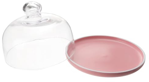 Garneck Ceramic Dessert Plate with Glass Food Cover 8-inch Matte Pink Round Snack Tray Decorative Tray for Party Serving and Fruit Display