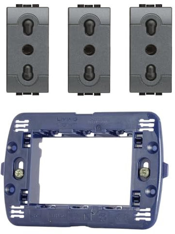 Prese Interruttori Deviatori Copriforo Supporto Telaio 3 Posti Bticino Serie Living Grigio Antracite per Impianti Elettrici (1 Supporto con 3 Prese)