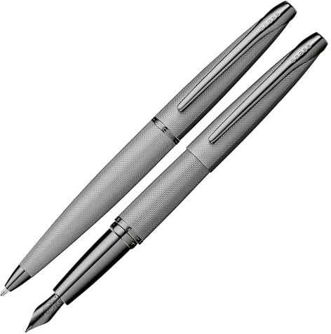 Cross ATX Ballpoint Pen and Fountain Pen Gift Set (Medium Line or Nib Size) Brushed Titanium Grey Ink Colour Black