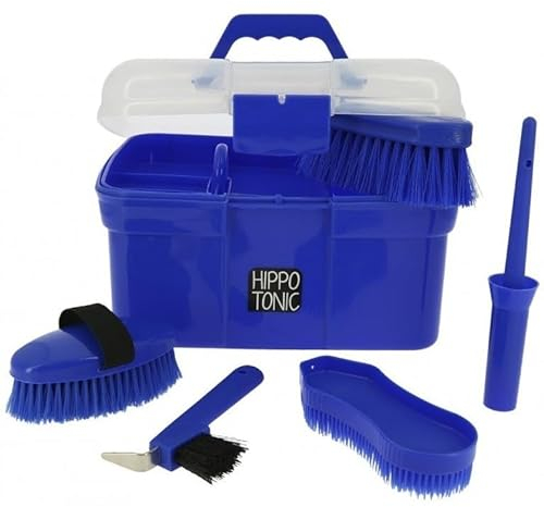 RL24 - Kinder Putzbox für Pferde Hippo-Tonic | Putzkasten m. Hufkratzer, Hufpinsel, Kardätsche & Pferdebürsten | Putzkiste in Königsblau | Putzkoffer für Pferde | Pferdepflege Set 5-teilig