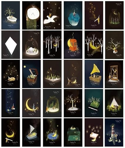 Mis.Moon Postkarten 30 Stück,Leuchtet im Dunkeln, Postkarten Set, Premium Postkarten Danksagungskarten Gästebuch Poster-Reisepostkarten Glow In The Dark Postcard