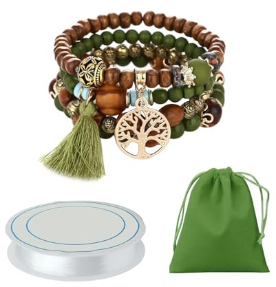 USHXVG 4 Pieces Of Wooden Beaded Bracelets, 1 Roll Of Beaded Rope, 1 Piece Of Storage Bag, Bohemian Ethnic Style Bracelet With Tassel Bracelet, Wooden Beads Stretch Bracelet, Jewelry Gift