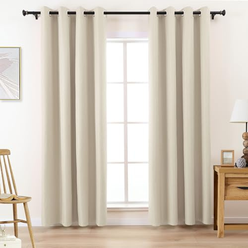 L.Z.E Vorhänge Verdunkelung Beige, Creme Abdunkelnde Gardinen Vorhang mit Ösen, 100% Verdunkelnde Gardinenschal für Schlafzimmer und Wohnzimmer, 245 cm Lang, 2er Set Leinenoptik Blickdicht Ösenvorhang