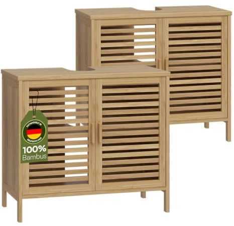 Bellamio Newa Waschbeckenunterschrank 2er-Set, Bambus, 2 Türen, lackiert | Badezimmer Unterschrank für Waschbecken, 2 Fächer, Badunterschrank, Waschtischunterschrank 60x65x33 cm, Badezimmerschrank
