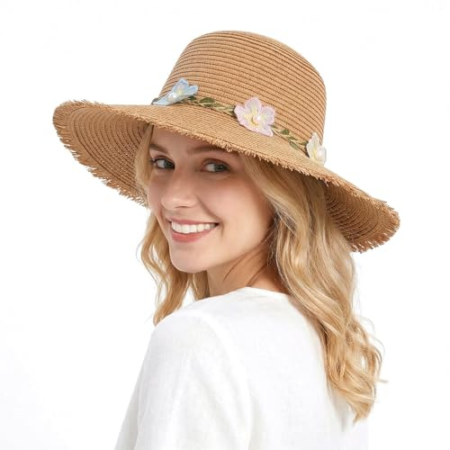 LY4U stråhatt för kvinnor, solhattar för damer, UPF 50, sommar strandhatt för flicka, vikbar rullbar resehatt, Khaki, one size
