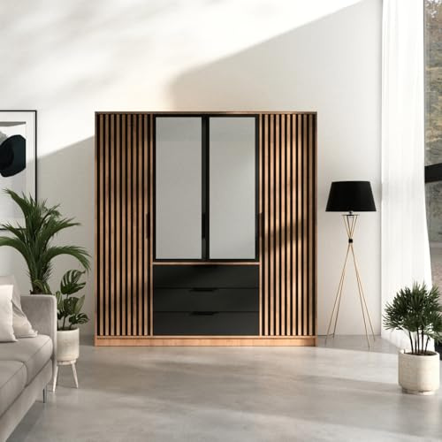 Easy4You Lux D4 Eiche Wotan/Schwarz Kleiderschrank 196x200x57,5 cm mit Spiegel - Schlafzimmermöbel, Aufbewahrung – Mehrzweckschrank Geriffelte Fronten und 3 Schubladen