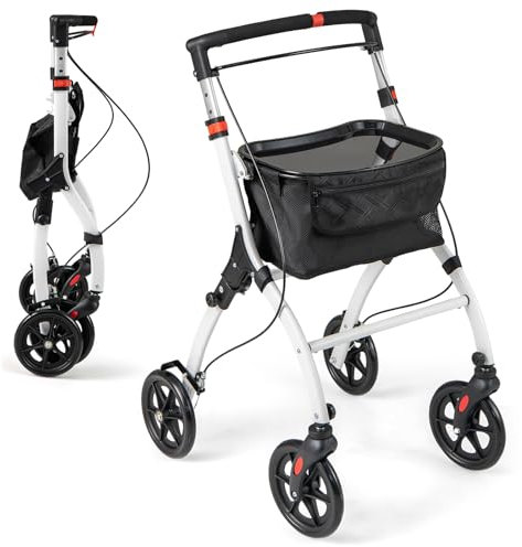 GYMAX Folding Rollator Walker for Elderly, 4 Wheel Narrow Walking Aid with Removable Tray, Basket and Brakes, Adjustable Lightweight Rollator for Disabled