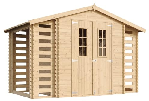 Holzhaus Gartenhaus mit Brennholzschuppen TIMBELA M391C+M391G - mit Boden Imprägnierte B328xL206xH218 cm/ 3,53 + 0,97 + 0,97 m2 Lagerschuppen für Garten - Fahrrad Schuppen - Wasserfestes Dach