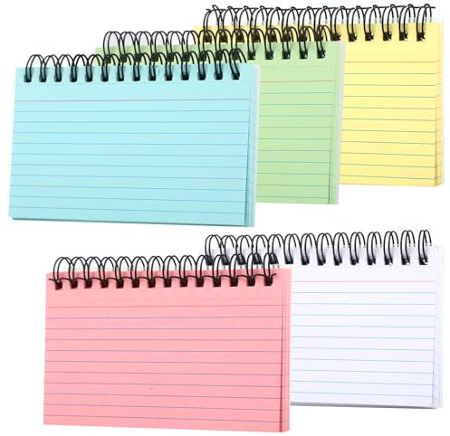 Cartes d'index Lignées,Flash cards,5 couleurs Fiche Spirale,Mini bloc note avec couverture transparente -Idéal pour les Fiche Spirale, parfait pour l'école et le bureau