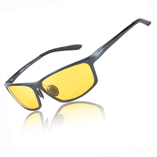 Myiaur Lunettes de conduite de nuit pour homme - Monture en métal - Verres jaunes polarisés - Lunettes de vision nocturne idéales pour la pluie, le brouillard et la conduite de nuit, 65 Millimeter