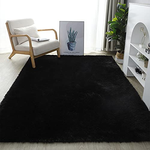 Grande tappeto a pelo lungo grigio, con base antiscivolo, per soggiorno e camera da letto, morbido e soffice, 80 x 200 cm, decorativo, nero