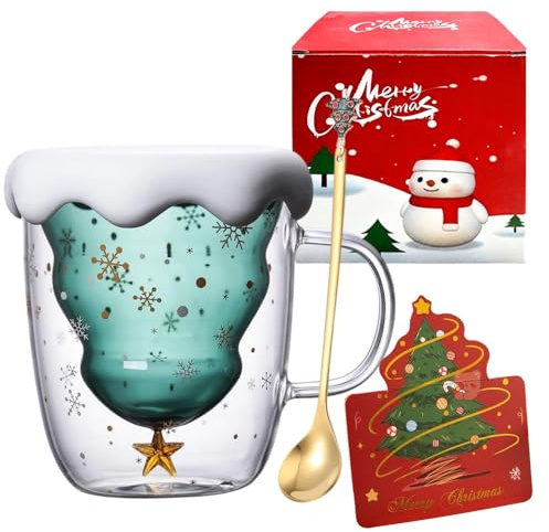 HIULLEN Christmas Tree Coffee Mugs, Double-Walled Sweet Christmas Tree Coffee Glass Mug, 300ml Tea Cup, Cappuccino Latte Macchiato Glasses Cups with Lid Handle for for Xmas Gift Milk Juice, Green