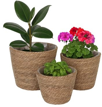 Relaxdays Blumentopf, 3er Set, Schilf, Pflanzentöpfe mit Folie, 3 Größen, Boho-Style, runde Blumenübertöpfe, Natur