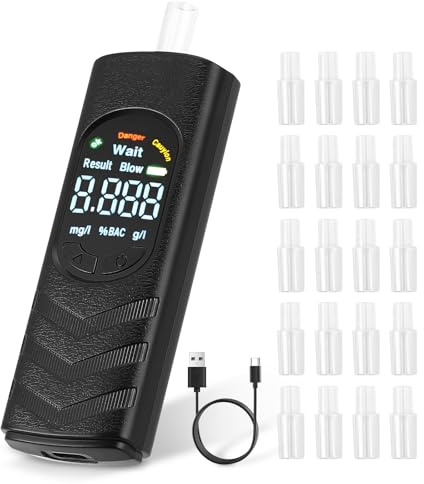 Hoyiyobi Alkoholtester, Polizeigenaues Promillemessgerät mit Digitalem LCD-Display, USB Ladefunktion, Atemalkoholtester mit 20 Mundstücken, Tragbarer Alkoholmessgerät für den Heim Partygebrauch