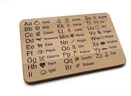 SNEG Brotzeitbrett mit Kinder ABC (hochwertige, haptische Gravur) | Buchstaben Lernen | Schneidbrett aus Holz | Früstücksbrettchen | ABC-Brotzeitbrett (Standard (22x14x1cm))