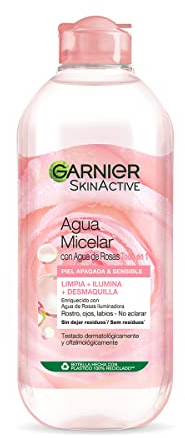 GARNIER Skin Active Agua Micelar con Agua de Rosas para Piel Apagada y Sensible, Desmaquilla, Limpia e Ilumina en un solo gesto, Apto para Rostro, Labios y Ojos, 400Mililitros