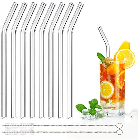 DONQL 8 Stück Glasstrohhalme mit 2 Reinigungsbürsten 20cm(Gebogen) | Wiederverwendbar Glas Trinkhalme, Trinkhalme aus Glas, Perfekt für alle Getränke Milch