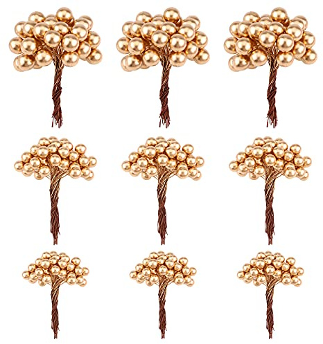 Bayas Artificiales de Navidad, 300 Piezas Bayas de Acebo de Navidad Rojo/Dorado Baya de Navidad Flor de Bayas Falsas para Guirnalda de árbol de Navidad de árbol de Navidad Decoración,3 tamaños Gold