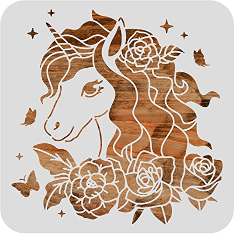 BENECREAT Plastikschablonen mit Fantasy-Einhorn-Thema, 30x30cm Blumen, Schmetterlinge, Sterne Ausschnitte Malvorlage zum Malen, Holzverbrennung, Brandmalerei und Gravierhandwerk