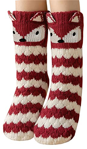 ZFSOCK Femme Chaussons Chaussettes Hiver: Maison Épaisse Chaussettes de Pantoufle avec semelle Antidérapantes Doublée Fourrure Sherpa Motif Animal Fantaisie Cadeau Noël 1 Paire(Renard Tricoté,35-41)