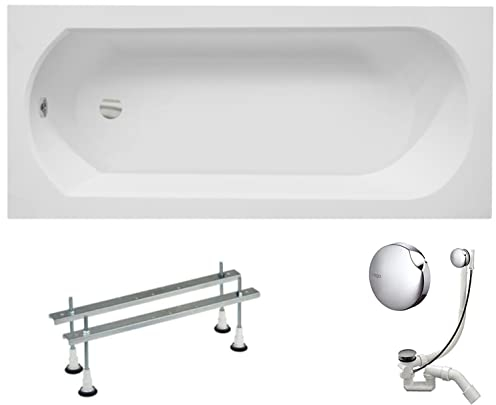 VBChome Acryl Badewanne 170x75 cm Weiß Rechteck Wanne Siphon Wannenfüße Design Modern Ablaufgarnitur in Chrom