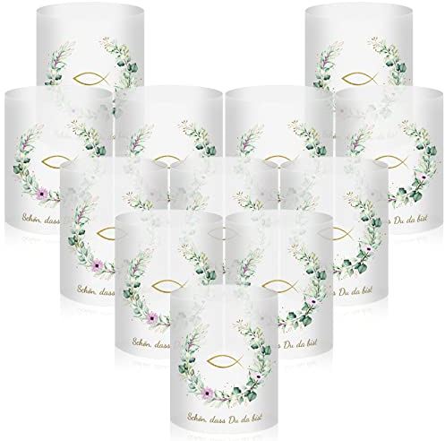 12 Stück Windlicht Tischlicht deko, Kommunion Konfirmation , Fisch Mädchen Junge, Schön DASS du da bist Erstkommunion Tischdeko für Teelichter oder LED-Kerzen Taufe