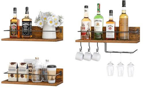 HOOBRO Wall Mounted Wine Rack, Wine Glass Set of 3, Wooden Wine Shelf Hanging Floating Shelves, Wine Bottle Glass Rack Stemware Holder, for Living Room, Kitchen, Rustic Brown and Black EBF33BJ01