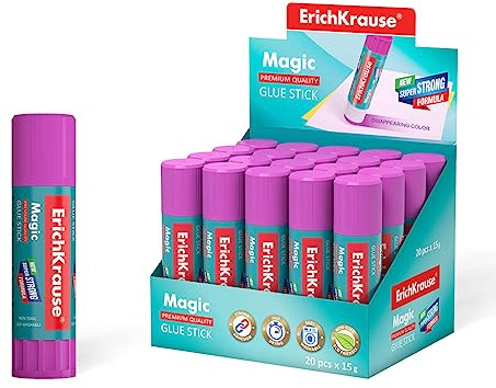 Erich Krause Klebestift Magic 15g lösungsmittelfrei wasserlöslich frostbeständig - Papierkleber für Büro und Schule - Bastelkleber haftstark 20 Stück