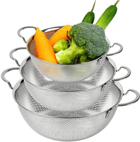 COMPORT K Premium 18/8 304 Stainless Steel Set of 3 – Micro-Perforated Strainers with Handles, Self-Draining Base for Pasta Vegetables Fruit, Heavy Duty (4, 6, 8 Qt) Made in Korea