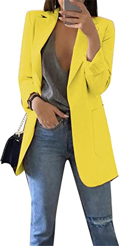 YMING Femme Long Boyfriend Blazers Plus Size Couleur Unie Longues Blazer Avant Ouvert Revers Blazers Affaires Suit Jaune L
