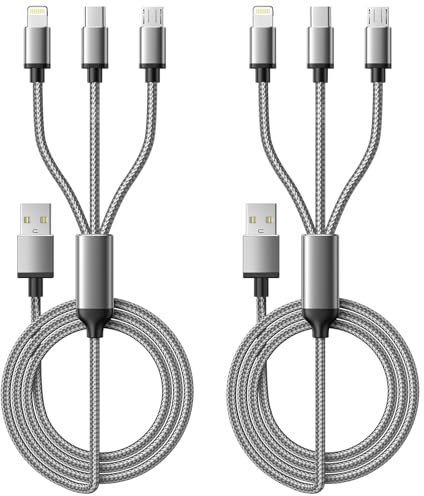 Multi Charger Cable, 3 in 1 Fast Charging Cord [2Pack 1.2M] 3A Multiple USB Cable Nylon Braided with Micro USB, Type C Lightning Connector for iPhone, Android Samsung S22 S20, Huawei, Nexus, Nokia,LG