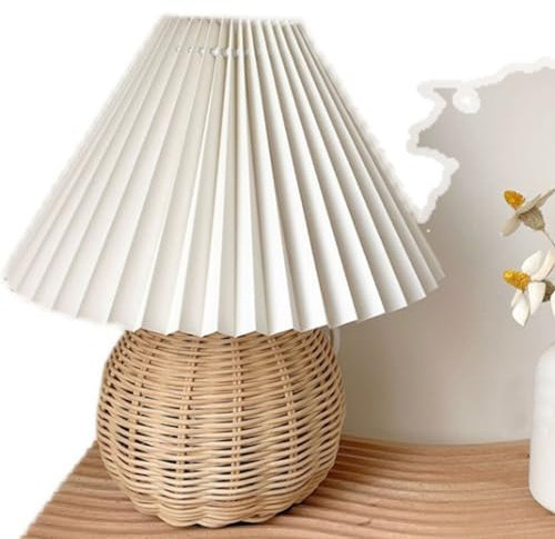 EIMSOAH Rattan Wicker Pleated Table Lamp Modern Bedside Lamp Small for Bedroom Living Room Side Nightstand Aesthetic Vintage Bulbs Not Included