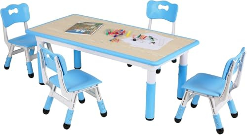 Clevich Kindertisch mit 4 Stühlen, Tisch Stuhl Set Höhenverstellbar,Kindertischgruppe für Kinderzimmer, Plastik Kindermöbel, Kindertisch und Stuhlset für Jungen Mädchen ab 2 Jahre (Blau)