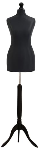 Display Guru Female Tailors Dummy Mannequin, Ideal for Dressmakers, Fashion Students, Shop Display, Black Torso Bust With Black Wood Tripod Stand (UK Size 6/8)