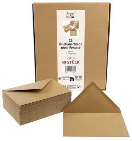 PresentFil® 50 x Briefumschläge Natur Braun C6-162 x 114 mm ohne Fenster I 100% Recycling Kraftpapier I 120 g/m² stark I Blauer Engel zertifiziert I Made in Germany