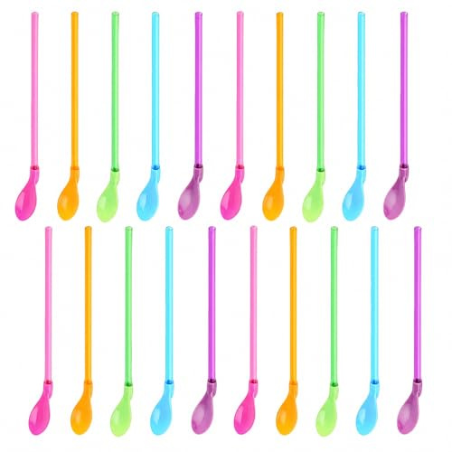 Slush Strohhalme mit Löffel, 20 Stück Spoon Straws für Slush Eis Smoothies Cocktails, Bunte Trinkhalme Kunststoff für Party Kino Frozen Drinks