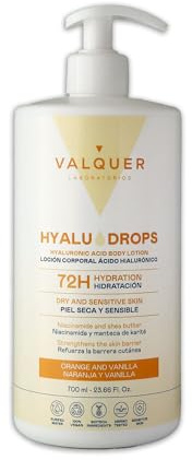Valquer Hyaludrops Crema Hidratante Corporal Naranja y Vainilla. Loción para Piel Seca y Sensible, Hasta 72 Horas de Hidratación Nutritiva con Ácido Hialurónico, Niaciamida y Manteca de Karité. 700 ml