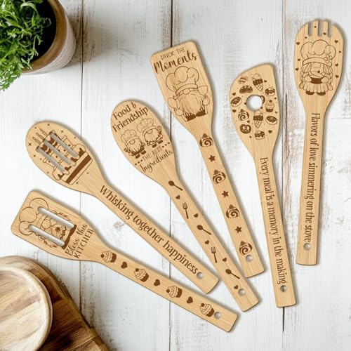 CUTHOLLOW 6-teiliges Backzwerg Zwerge Küchenutensilien Holz | Kochwerkzeuge-Set Holz, spülmaschinenfester Pfannenwender, Holzkochlöffel, Einzigartiges Einweihungsgeschenk für Frauen