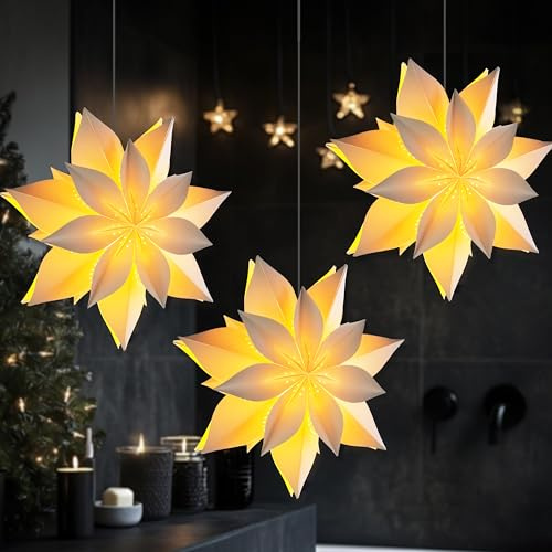 EANLOLY 3er Set 45cm Weihnachtsstern Beleuchtet, Papiersterne Weihnachten, 3D Stern Fensterdeko, Weihnachtsdeko Innen Zum Aufhängen, mit Timer LED Lichterkette Beleuchtung