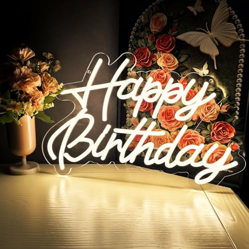 Panneau néon LED « Happy Birthday » pour décoration murale, panneau lumineux USB, pour fête d'anniversaire, Thanksgiving, Noël, décoration de chambre à coucher, 5 V (41,9 x 27,9 cm) Blanc chaud