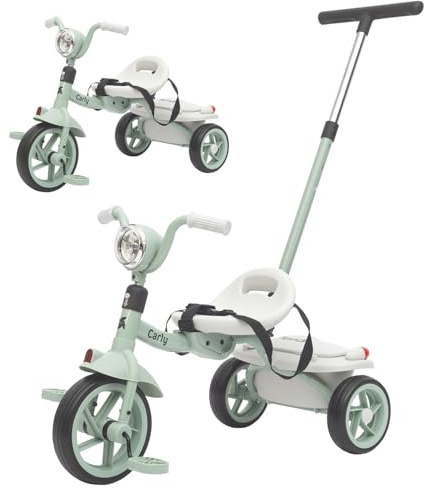 Twinly Bici triciclo evolutiva pieghevole per bambini 1-5 anni - triciclo leggero e compatto per bambini - manubrio leggero e sonoro, cestino e maniglia per spingere Carly (menta)