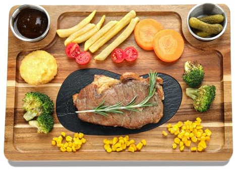HALE OTEIR Acacia Wood Serving Board with Slate, Natural Wood Serving Platter with Slate for Steak Plate, Sushi, Cheese, Bread, Charcuterie, Steak Plate Slate Serving Plate with 2 Sauces Bowls