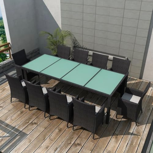 Teenpull 11-TLG. Gruppo da giardino in polyrattan nero, per terrazza, balcone, sala da pranzo, con 10 sedie, tavolo, cuscino, resistente alle intemperie, 250 x 100 x 74 cm