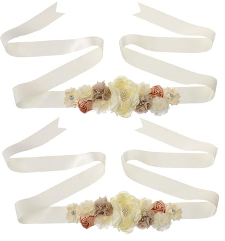 DEARMAMY Fascia per Maternità Regolabile con Fiori e Cristalli Cintura per Pancia da Gravidanza Beige Accessorio Fotografico per Shower e Cerimonie di Maternità Set 2 Pezzi