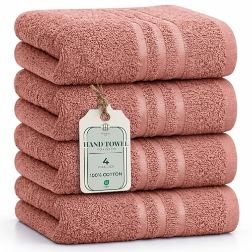 HomeBurg Core 4-Piece Cotton Towel Set for the Bathroom – Soft, Absorbent, Durable, with Decorative Border, Easy Care, 40 x 60 cm, Dune Red