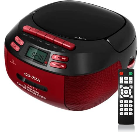 Bärbar Cd-spelare Med Radio, Dubbla Högtalare Boombox Cassette Player Combo Med Bluetooth, Am/fm-radio, Fjärrkontroll, Stereoljud, Dubbel Strömförsörjning, För Hemmet red
